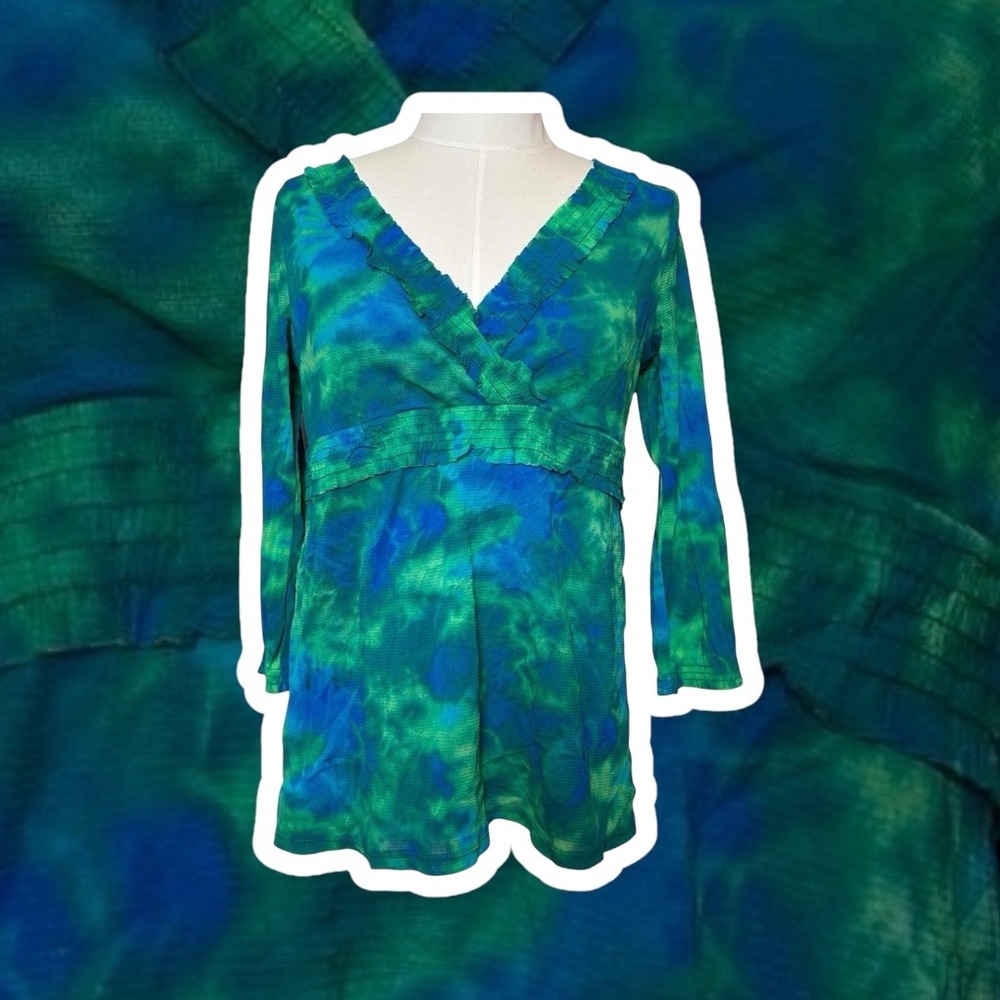Y2K Liz Claiborne Tie Dye V Neck Ruffled Babydoll Top Blue‎ Green Size S